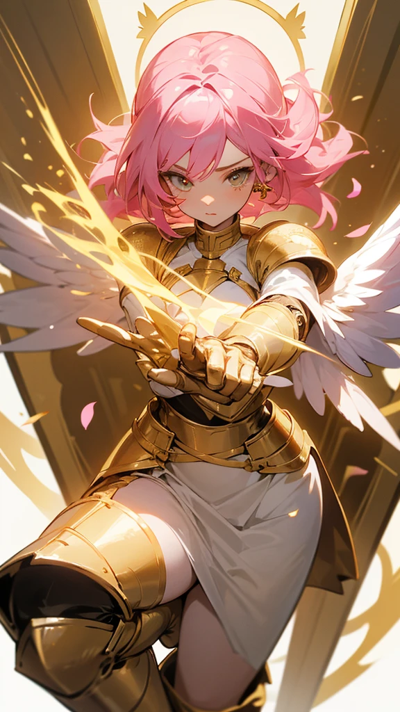 28 year old girl who is an angel, with pink hair, golden colored eyes, gloves and boots of a knight in white and gold , white and gold clothing and flowers in her hair