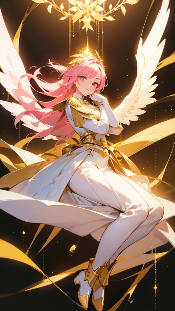 28 year old girl who is an angel, with pink hair, golden colored eyes, gloves and boots of a knight in white and gold , white and gold clothing and flowers in her hair