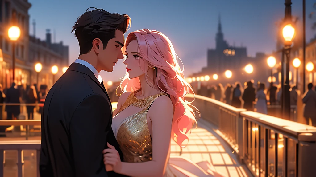 a beautiful woman with expressive eyes in a beige dress, posing, city landscape, black jacket, pink hair, golden hour, shallow depth of field, atmosphere of a first date and young love, masterpiece, best quality, 8k, hyperrealistic, photorealistic, intricate details, cinematic lighting, warm color palette, elegant, romantic, dreamlike