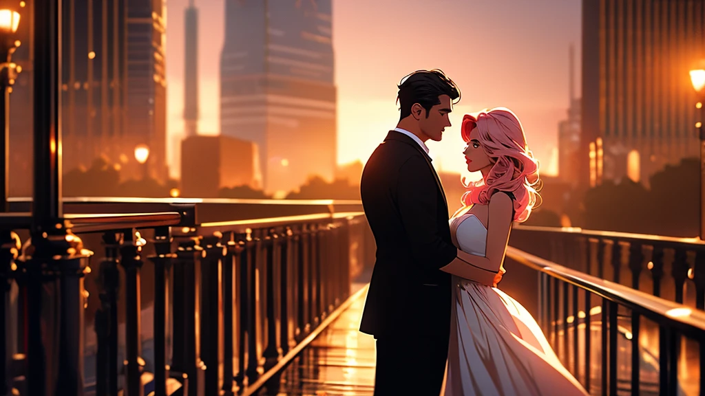 a beautiful woman with expressive eyes in a beige dress, posing, city landscape, black jacket, pink hair, golden hour, shallow depth of field, atmosphere of a first date and young love, masterpiece, best quality, 8k, hyperrealistic, photorealistic, intricate details, cinematic lighting, warm color palette, elegant, romantic, dreamlike