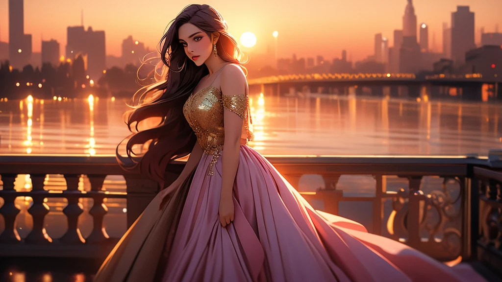 a beautiful woman with expressive eyes in a beige dress, posing, city landscape, black jacket, pink hair, golden hour, shallow depth of field, atmosphere of a first date and young love, masterpiece, best quality, 8k, hyperrealistic, photorealistic, intricate details, cinematic lighting, warm color palette, elegant, romantic, dreamlike