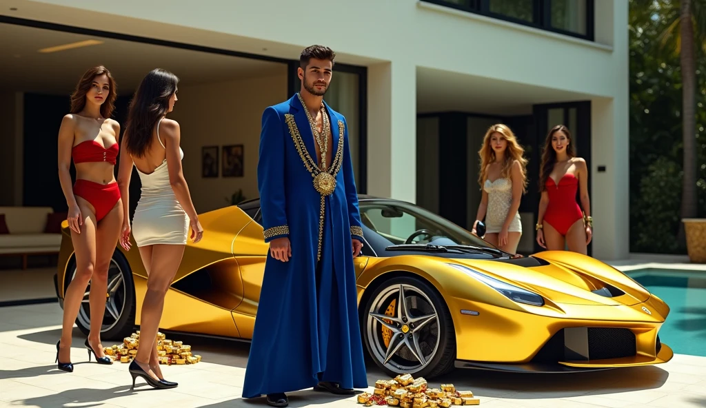CREATE AN ULTRAREALISTIC IMAGE WITH A REAL-SIZE GOLD FERRARI, LINDA PARKED NEXT TO GOLD BARS AND OPEN SUITCASES WITH DOLLARS INSIDE, rubies and emeralds, convey depth, IN THE BACKGROUND A BEAUTIFUL MANSION with modern architecture, WITH 3 elegant WOMEN with sinuous curves and dressed in tight, short dresses. NEXT TO THE FERRARI A HANDSOME YOUNG WIZARD IN BLUE CLOTHES AND FULL OF JEWELS, PERFECT WIZARD HANDS WITH 5 FINGERS. Emphasize the wizard in the image
