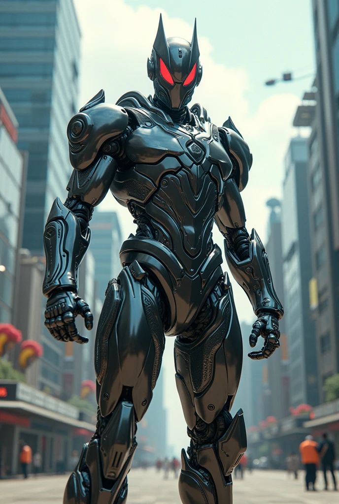 A fire ant man with a cyborg glossy costume standing between black and white buildings at sunset 