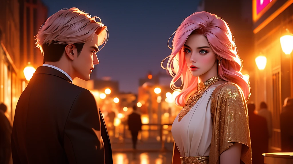 beautiful woman with expressive eyes, pink hair, beige dress, black jacket, posing, urban landscape, golden hour, shallow depth of field, romantic first date atmosphere, highly detailed, photorealistic, 8k, (best quality:1.2), (realistic:1.37), intricate details, dramatic lighting, vibrant colors, cinematic composition