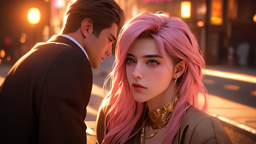 beautiful woman with expressive eyes, pink hair, beige dress, black jacket, posing, urban landscape, golden hour, shallow depth of field, romantic first date atmosphere, highly detailed, photorealistic, 8k, (best quality:1.2), (realistic:1.37), intricate details, dramatic lighting, vibrant colors, cinematic composition