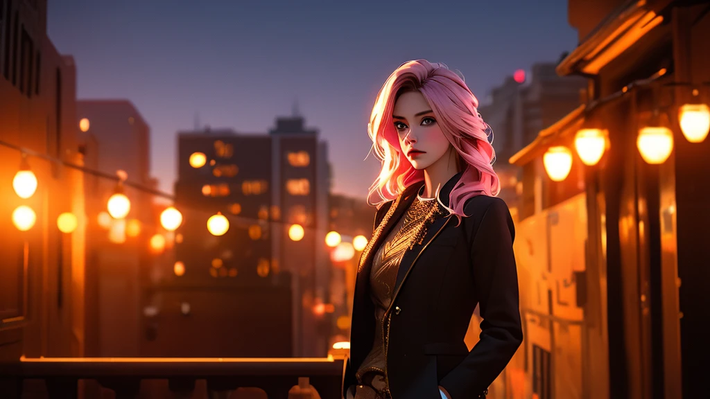 beautiful woman with expressive eyes, pink hair, beige dress, black jacket, posing, urban landscape, golden hour, shallow depth of field, romantic first date atmosphere, highly detailed, photorealistic, 8k, (best quality:1.2), (realistic:1.37), intricate details, dramatic lighting, vibrant colors, cinematic composition