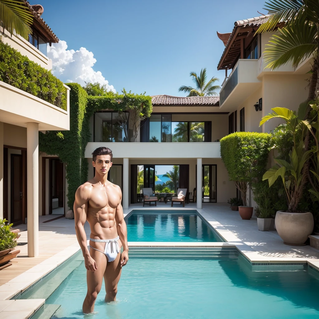 Create a highly detailed and super realistic photo of a man in a swimming pool in an exotic villa. The villa is designed with luxurious surroundings, featuring expansive floor-to-ceiling windows, elegant architecture, and a stunning view of the ocean or lush greenery. The man, dressed in stylish resort wear, stands at the edge of the pool, gazing out at the serene landscape. The image should capture the essence of a high-end retreat, with vibrant colors, detailed reflections in the water, and warm, natural lighting that enhances the overall tranquility and luxury of the scene.