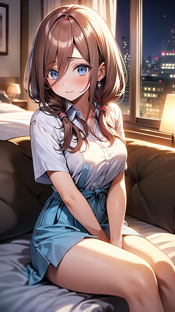 a beautiful young woman with long reddish-brown hair, big blue eyes with long eyelashes, a detailed and blushing face, and a smooth, vibrant, and anime-style texture. she has a perfect, busty figure and a confident, alluring pose, with her legs spread slightly and her white panties visible. the scene is set in a hotel room at night, with soft lighting and a romantic, sultry atmosphere. the overall image has a high-quality, masterpiece-level of detail and resolution.