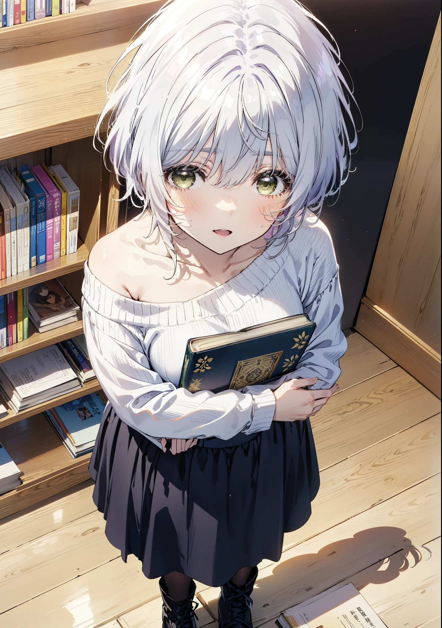 fuukakikuchi, fuuka kikuchi, short hair, bangs, Hair between the eyes, (Green Eyes:1.3),smile,Open your mouth,Grey Hair,One-shoulder sweater,Long skirt,Black pantyhose,short boots,Holding a book in both arms,Bookshelf,There are many books piled up on the table,whole bodyがイラストに入るように,
break indoors, figure書館,
break looking at viewer,whole body,
break (masterpiece:1.2), Highest quality, High resolution, unity 8k wallpaper, (figure:0.8), (Beautiful attention to detail:1.6), Highly detailed face, Perfect lighting, Highly detailed CG, (Perfect hands, Perfect Anatomy),