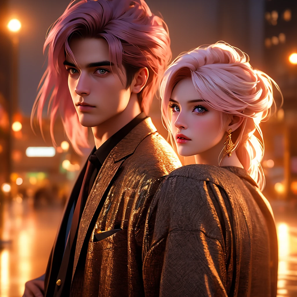 beautiful woman with expressive eyes, pink hair, beige dress, black jacket, posing, urban landscape, golden hour, shallow depth of field, romantic first date atmosphere, highly detailed, photorealistic, 8k, (best quality:1.2), (realistic:1.37), intricate details, dramatic lighting, vibrant colors, cinematic composition