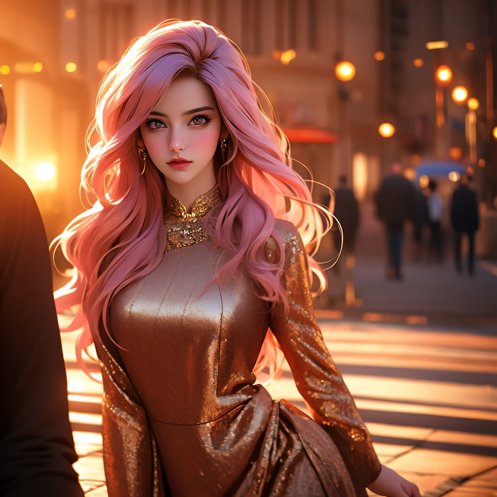 beautiful woman with expressive eyes, pink hair, beige dress, black jacket, posing, urban landscape, golden hour, shallow depth of field, romantic first date atmosphere, highly detailed, photorealistic, 8k, (best quality:1.2), (realistic:1.37), intricate details, dramatic lighting, vibrant colors, cinematic composition