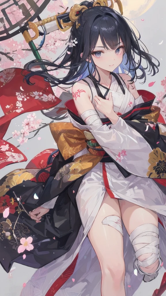 woman,Wearing a white kimono,Standing in the snow,Hold a jade fan in your right hand and raise it above your head,The left hand holds the right arm,Dance with flowers,Beautiful but not enchanting