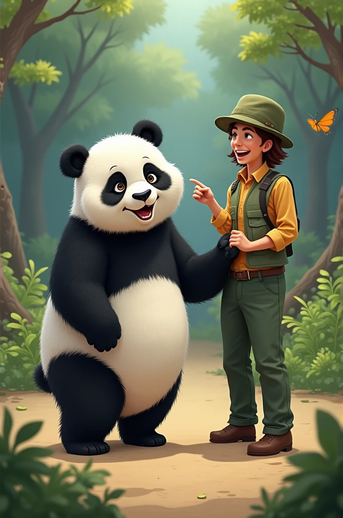 Panda bear bothering his keeper
