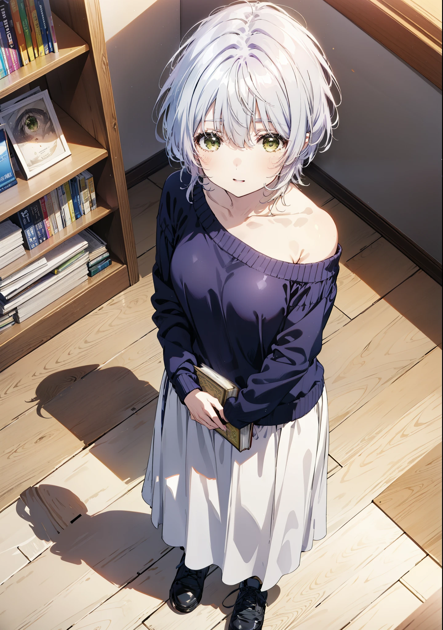 fuukakikuchi, fuuka kikuchi, short hair, bangs, Hair between the eyes, (Green Eyes:1.3),smile,Open your mouth,Grey Hair,One-shoulder sweater,Long skirt,Black pantyhose,short boots,Holding a book in both arms,Bookshelf,There are many books piled up on the table,whole bodyがイラストに入るように,
break indoors, figure書館,
break looking at viewer,whole body,
break (masterpiece:1.2), Highest quality, High resolution, unity 8k wallpaper, (figure:0.8), (Beautiful attention to detail:1.6), Highly detailed face, Perfect lighting, Highly detailed CG, (Perfect hands, Perfect Anatomy),