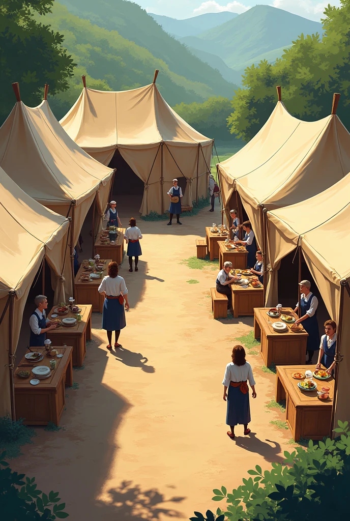 **Tents and Sheds:**
- **Food Tents:** Wooden tents covered with light fabric, serving typical dishes and drinks. Simple and rustic decoration, with wooden tables. Introduce people inside the tent serving others