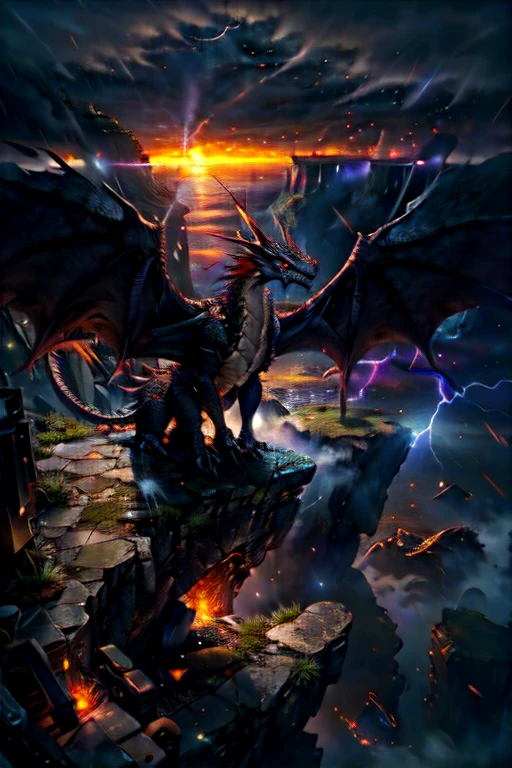 (Very exquisite oil painting:1.2), Octane Rendering, Atmospheric 4K ultra-detailed, 映画のスチールphotograph, Large depth of field, masterpiece, color, "Garden of Time and Space, Trending on Art Station, dream-like" , Woman with destroyed city and realistic storm clouds in the background , sunset, Wearing a black and red uniform, Fantasy art, Sci-Fi Art, Surreal, Vivid color, Attention to detail, dramatic, Absurd、No text, photograph, Majestic dark dragon standing on top of a cliff, dusk and gloomy, Rain and thunder, Multiple Wings,