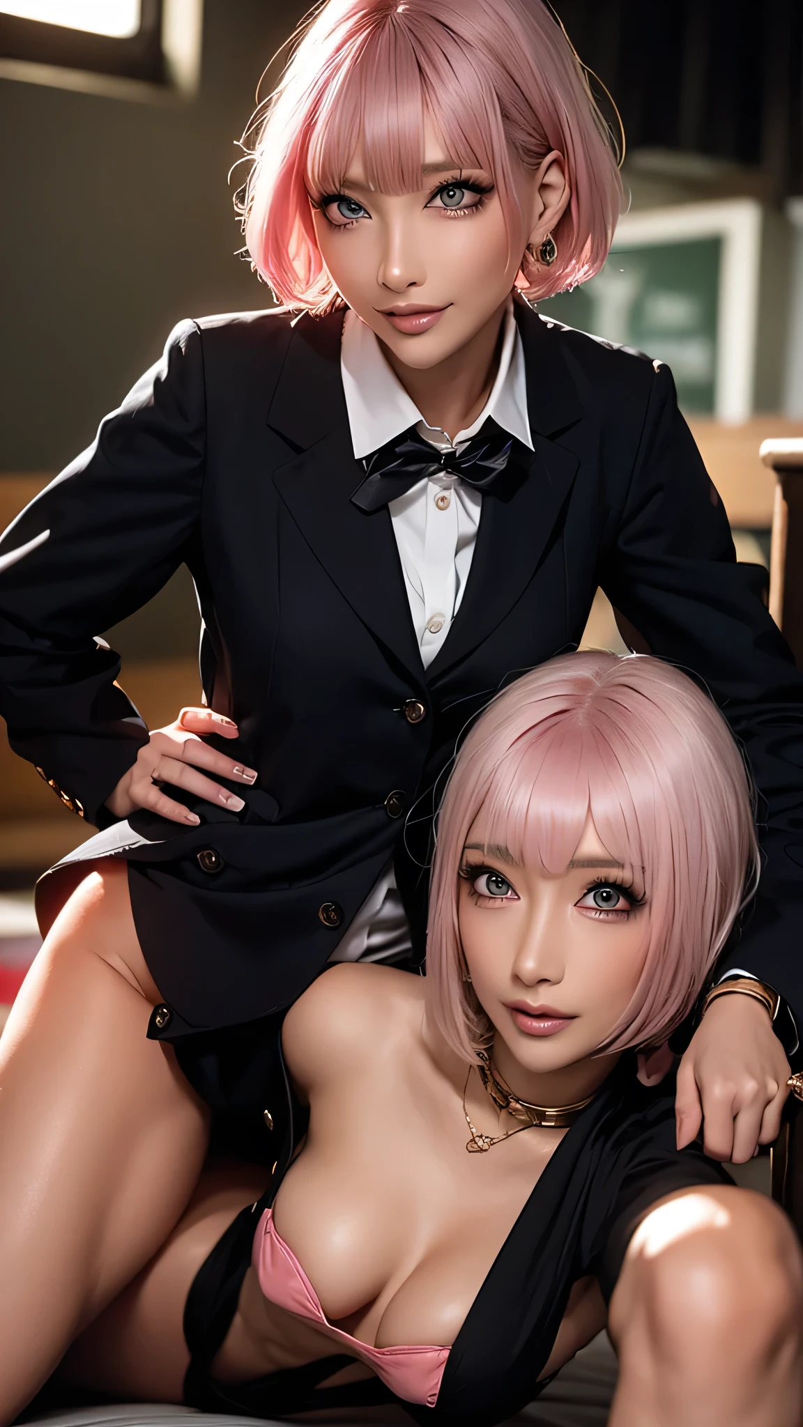 (Highest quality), Realistic, (live-action, naked), Nude Women,2 gals,Having sex,(Short Hair,Sharp bangs)Showing off your crotch,Highest quality,Highest quality,8k images,Pink Hair,High heels,school uniform,