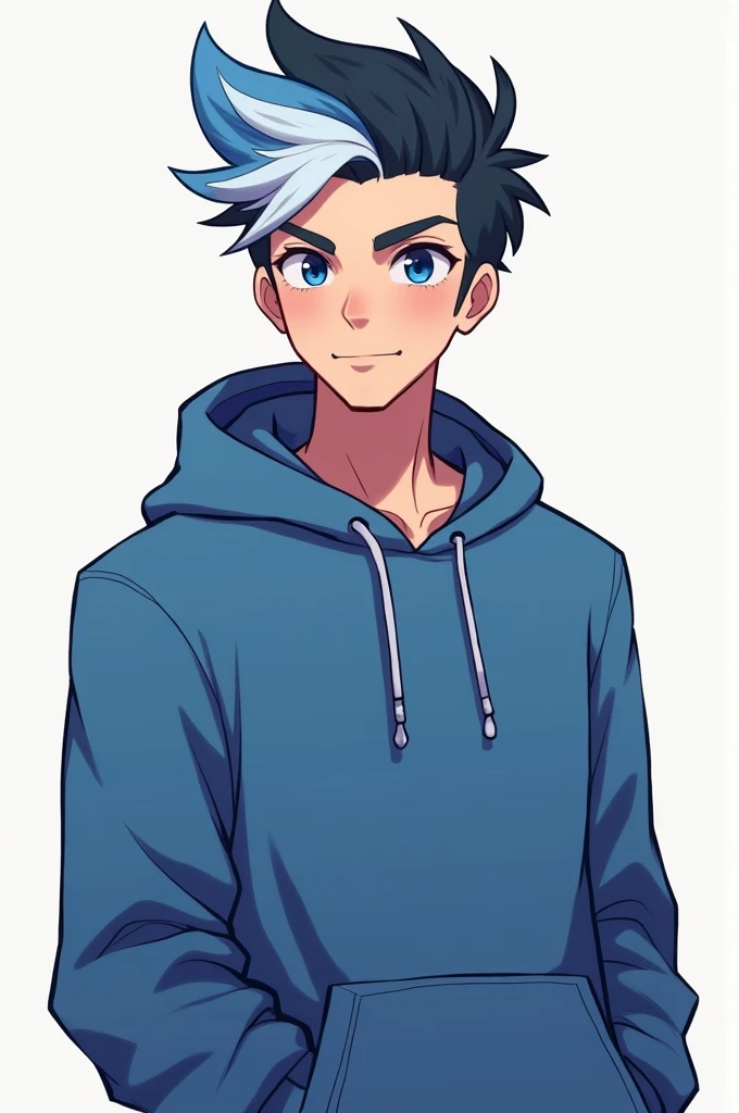 A discord profile picture of a guy with black hair with a white and blue streak wearing a blue hoodie with his hand in his pocket male gender with low face hair