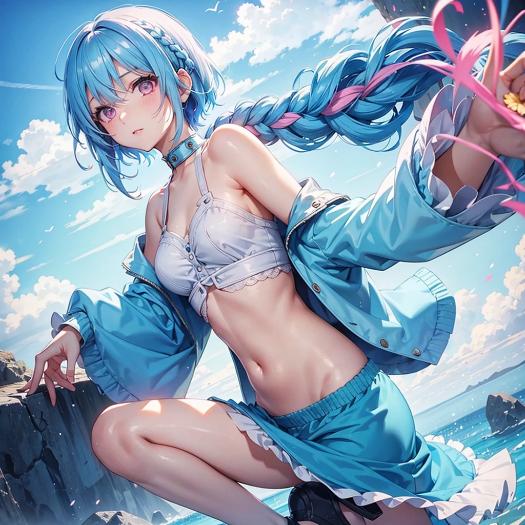 masterpiece,Ultra-high resolution、Highest quality、Sexy pose、Light blue hair、Long Hair:1.2, Pink Eyes, smile、Tilt your head、Big earrings:1.5,、Model walking、Small breasts、the body is slim、Tight waist、Spread your legs,Cowboy Shot、Colorful patterned tops、Super mini bikini tight skirt、panties、thighhighs、Underwear Focus