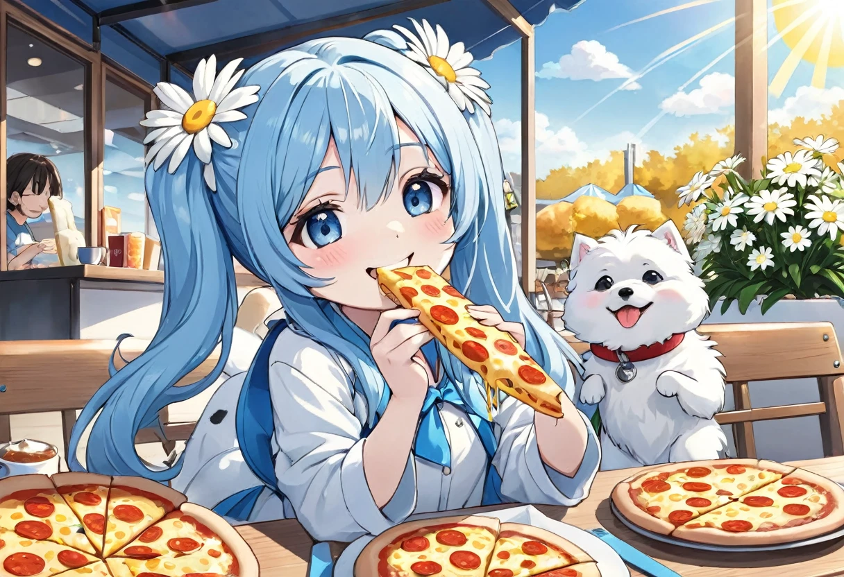 Light blue long hair、Cute chibi character with twin tails、Eating a big pizza、A deliciously beautiful smile、Cheese is smeared all over his cheeks.、A bright cafe with lots of sunlight、A lot of white daisies are displayed、My dog is with me