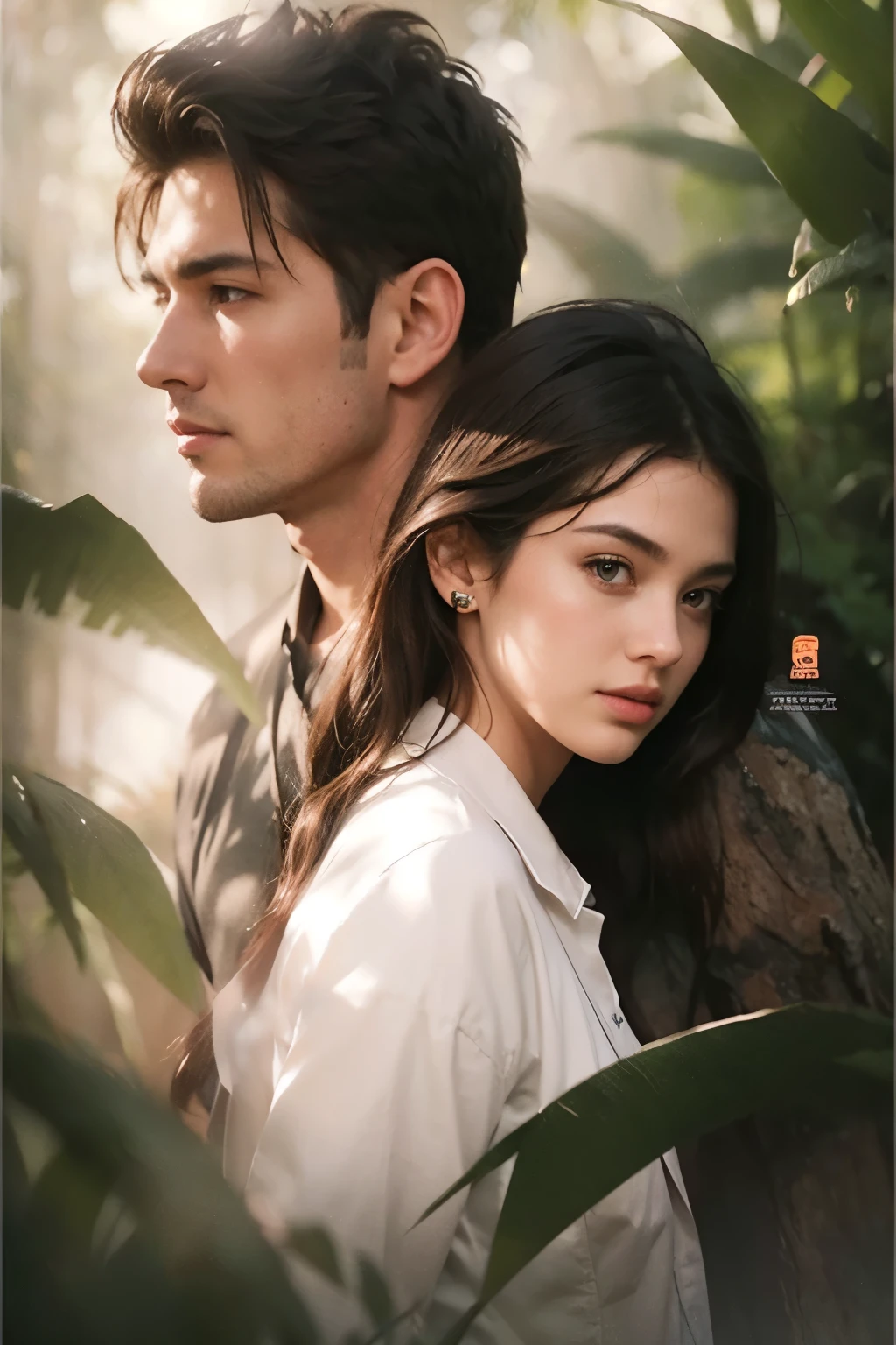 Handsome guy and beautiful girl ,standing, full body Ultra-realistic detailed rendering, wearing a gray orange mine clothing , with his whole body visible, straight short hair,standing beside the tree, and with a tree behind him, and with a little light
