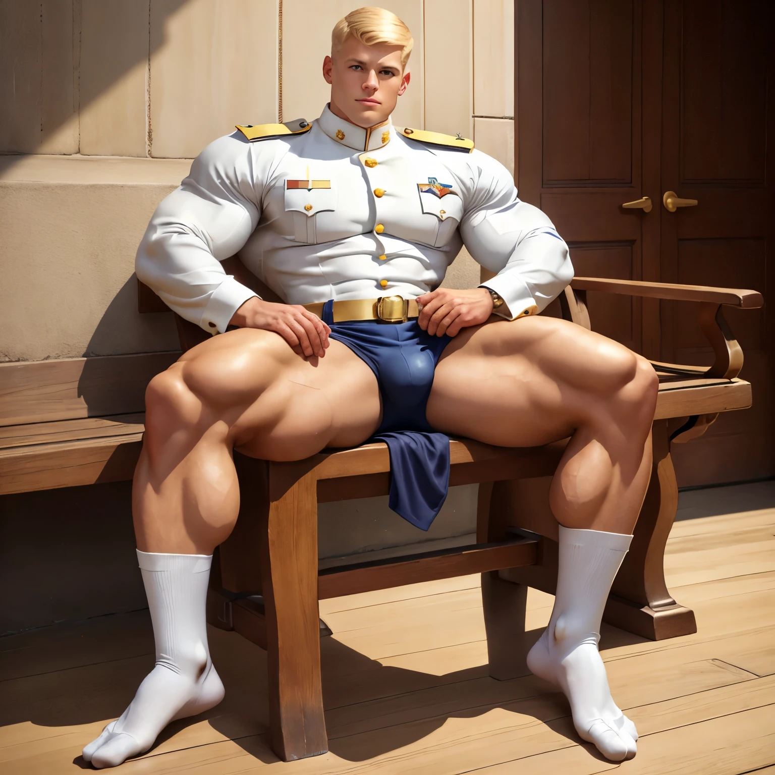 full view full body, one elite military school white blonde guy with military haircut, in navy-blue and gold leather uniform, navy-blue and gold leather shorts, long high white socks, shoes off, ancient gold signet ring, slim muscle, sitting in his long white socks on wooden bench in royal stables showing off his white socked feet, HQ photo