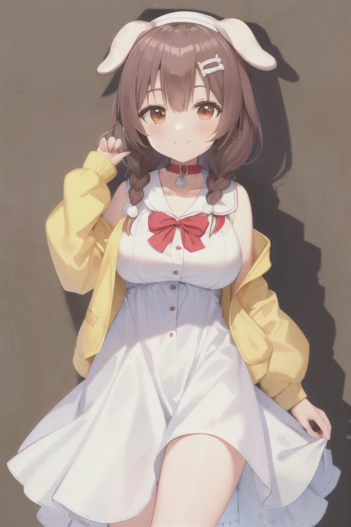 Korone, smile, dog girl, dog ears, dog tail, twin braids, sidelocks, hair ornament, ((white dress)), yellow jacket, bow, collar, collarbone, dress, jacket, open clothes, open jacket, red bow, short dress, sleeveless dress, large breasts, thick thighs, mature female, bandana, scarf