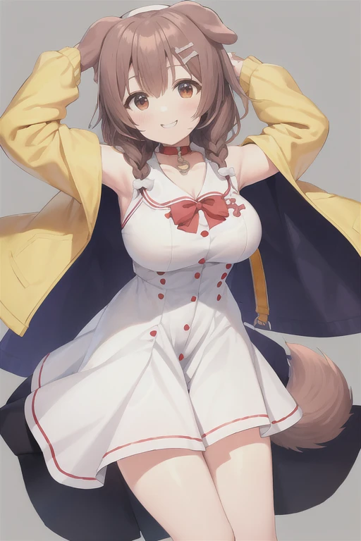 Korone, smile, dog girl, dog ears, dog tail, twin braids, sidelocks, hair ornament, ((white dress)), yellow jacket, bow, collar, collarbone, dress, jacket, open clothes, open jacket, red bow, short dress, sleeveless dress, large breasts, thick thighs, mature female, bandana, scarf