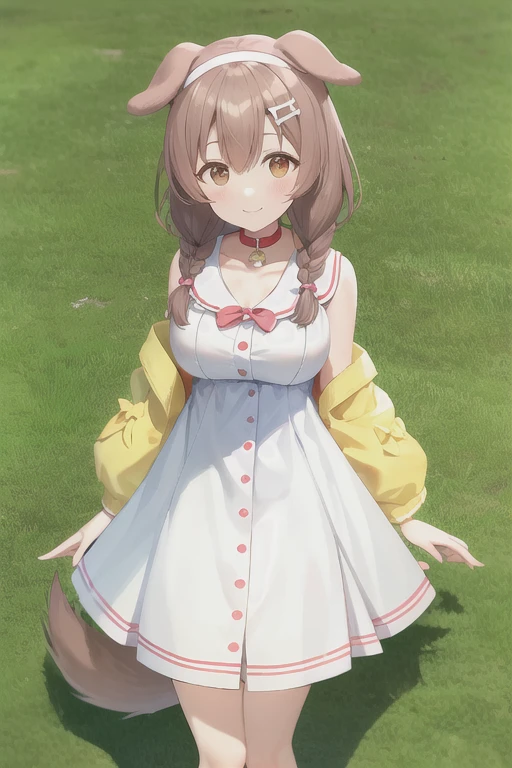 Korone, smile, dog girl, dog ears, dog tail, twin braids, sidelocks, hair ornament, ((white dress)), yellow jacket, bow, collar, collarbone, dress, jacket, open clothes, open jacket, red bow, short dress, sleeveless dress, large breasts, thick thighs, mature female, bandana, scarf