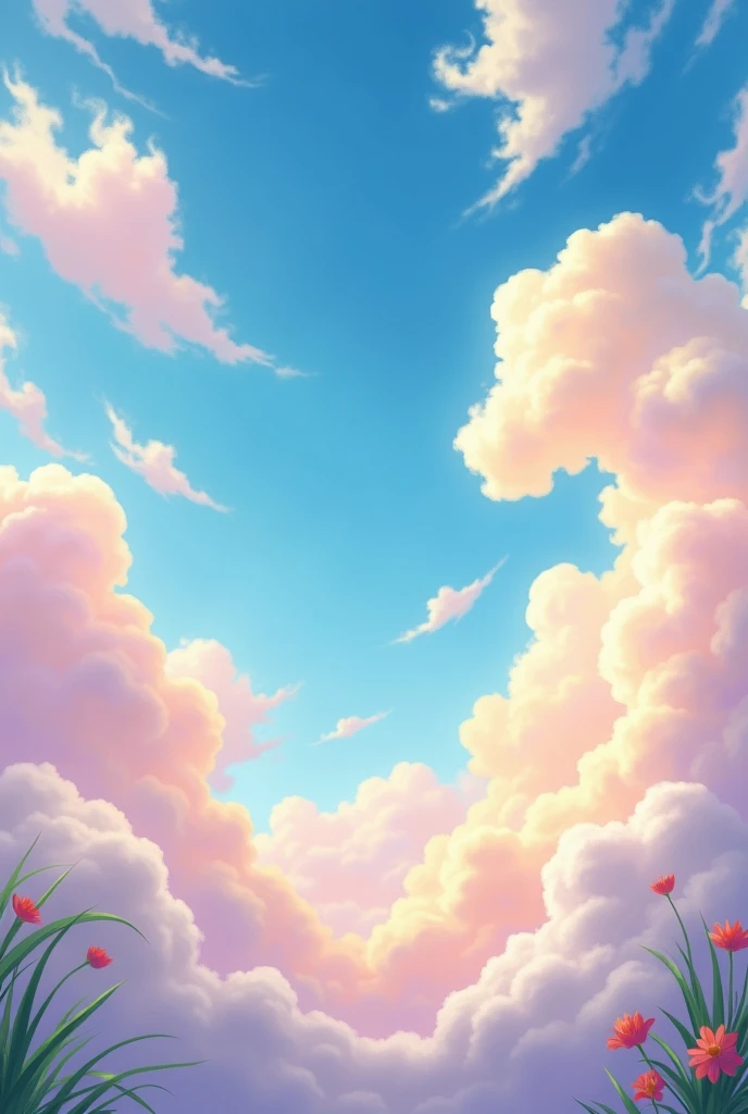 A very blue sky with lots of fluffy clouds Have the clouds rotate around the center of the image Have the clouds rotate around the center of the image and be a bit scattered Have the clouds look more realistic I need the perspective to be As if a person is looking at the sky lying on the floor Now paint some clouds in pink, yellow, lilac pastel colors to make it more realistic Add some vegetation to make it look somewhat asthetic 
