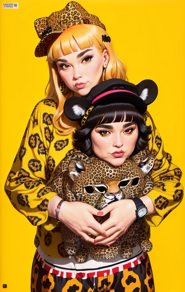 Close-up of a 40 year old woman in a leopard print shirt and hat, Comme des Garcons Campaign, andy milonakis, frank kozik, andy milonakis as a goat, Chris Chan, flashy, Official artwork, Dave Karbis, Craig Marism, Toyism, yoh yoshinori, by Winona Nelson, Michel Othello