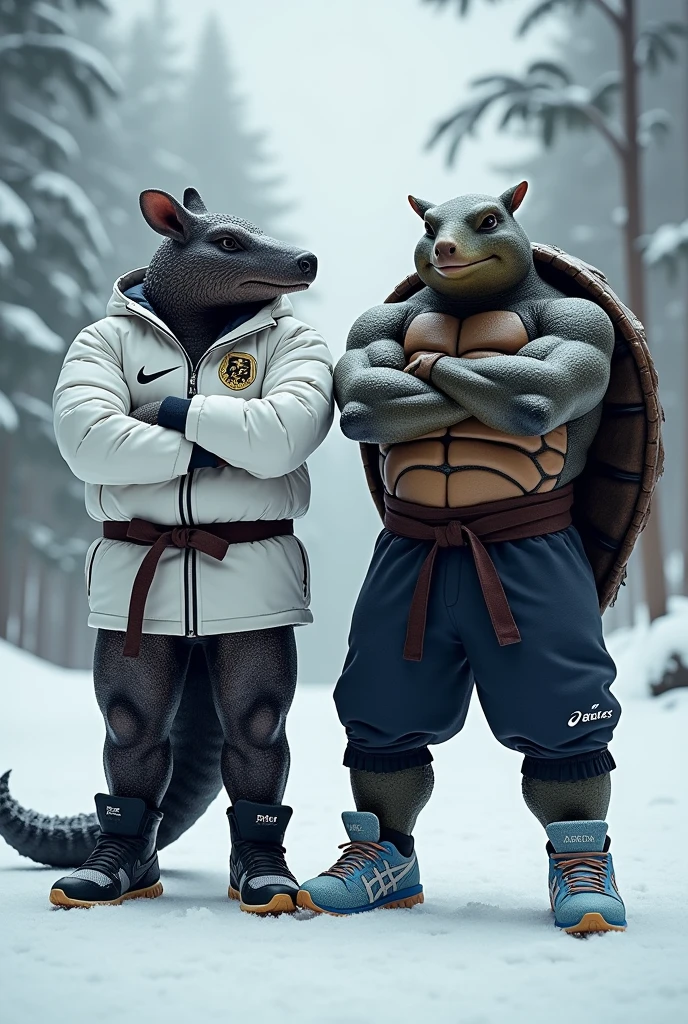 An armadillo with black scale-textured skin wearing black Nike running shoes and the armadillo wearing a white snowboard jacket with a dragon symbol. Next to him is a turtle wearing blue ASICS running shoes and a black samurai outfit.. The two are standing with their arms crossed in the snow. They are tall and high-performance athletes.
