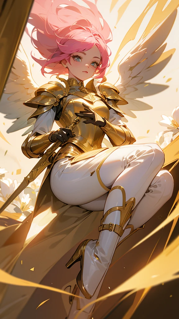 28 year old girl who is an angel, with pink hair, golden colored eyes, gloves and boots of a knight in white and gold , white and gold clothing and flowers in her hair 