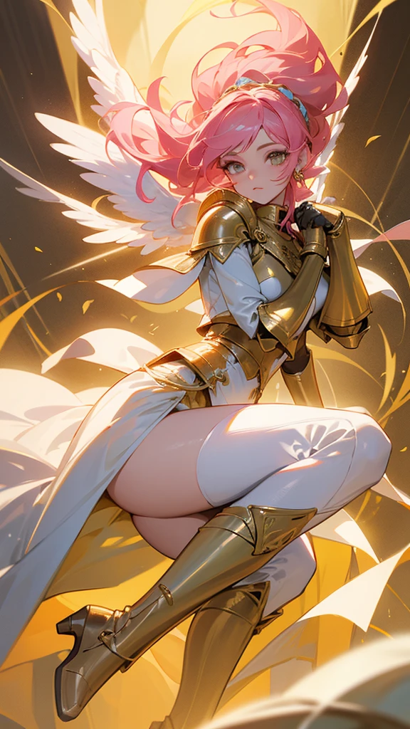 28 year old girl who is an angel, with pink hair, golden colored eyes, gloves and boots of a knight in white and gold , white and gold clothing and flowers in her hair