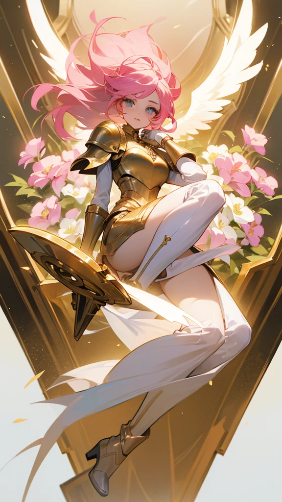 28 year old girl who is an angel, with pink hair, golden colored eyes, gloves and boots of a knight in white and gold , white and gold clothing and flowers in her hair 
