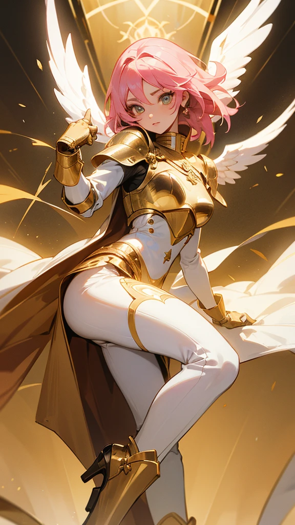 28 year old girl who is an angel, with pink hair, golden colored eyes, gloves and boots of a knight in white and gold , white and gold clothing and flowers in her hair