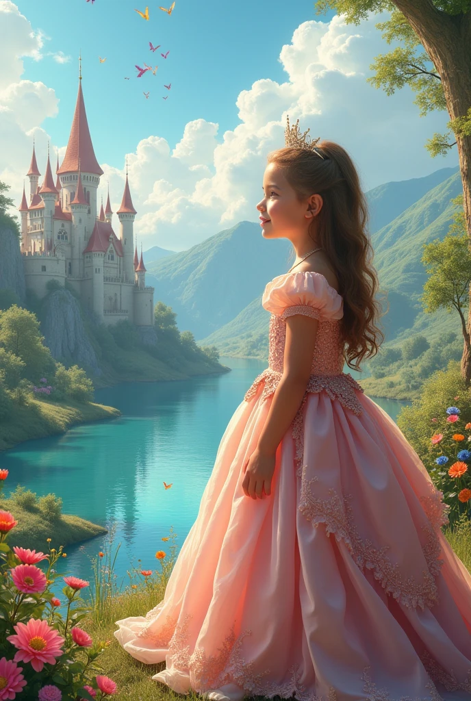 create a child dressed as a princess with a landscape of a very beautiful kingdom in the background , the image has to be fanciful