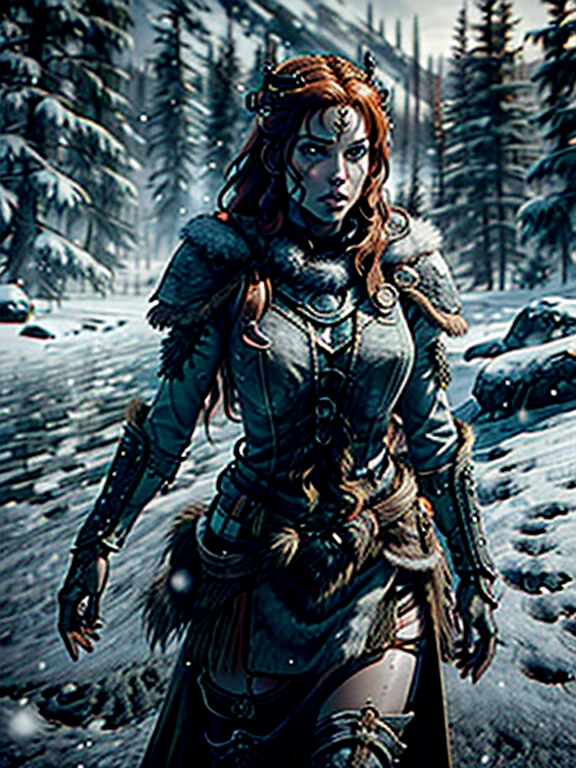 aela the huntress with long red hair in ancient nord armor, standing in a snowy field, holding a bow, winter landscape, dramatic lighting, detailed facial features, intricate armor details, volumetric snow, glowing magical runes, cinematic composition, mist, cold atmosphere, photorealistic, 8k, highly detailed, masterpiece