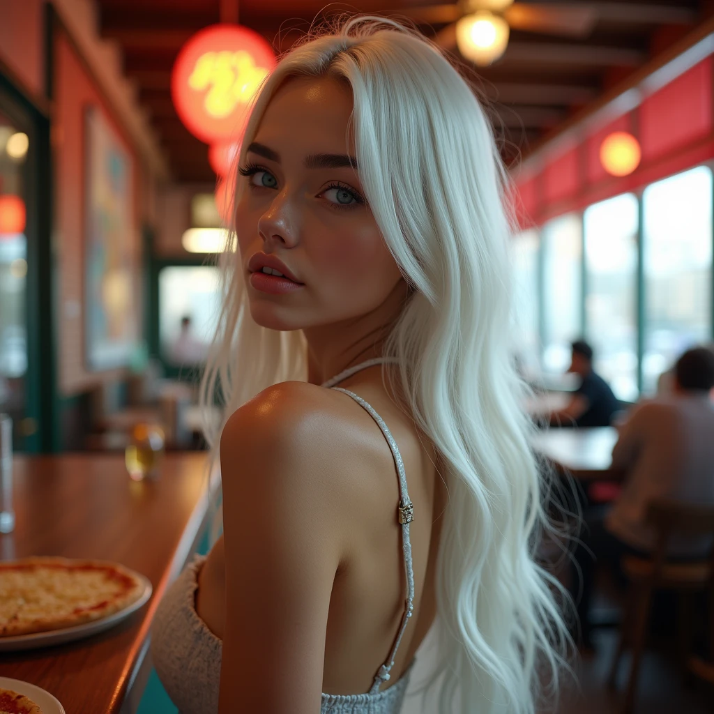 A pretty blue-eyed  Instagram model with very long straight snow-white hair with a realistic natural pale porcelain complexion on an oval face. She is looking back over her shoulder as she orders a slice of Pizza at a famous New York pizza place.