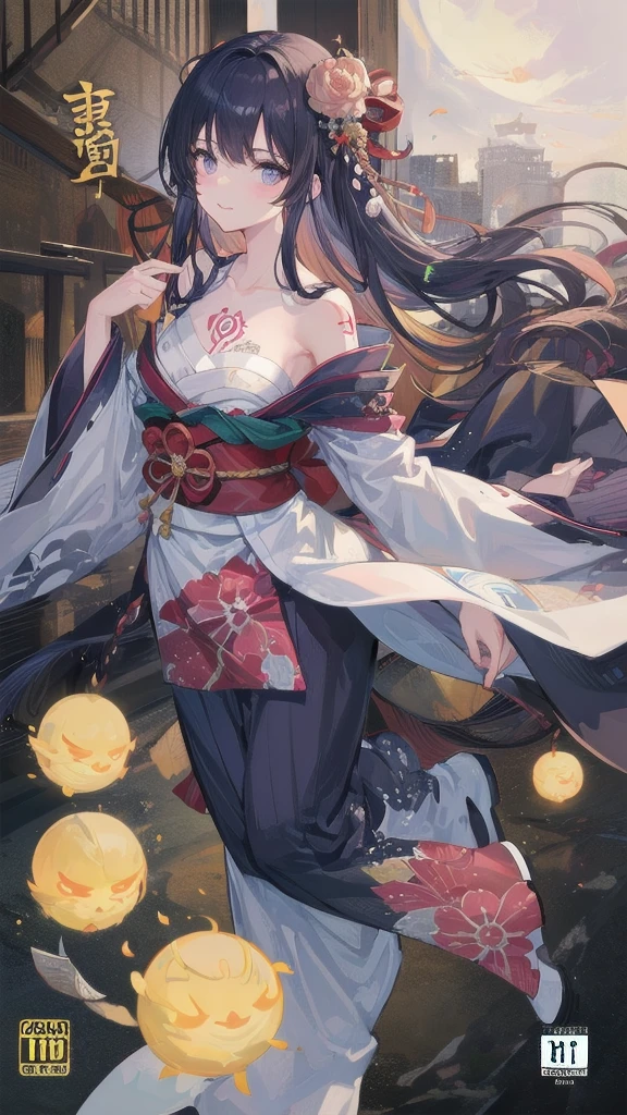 (((((roll up bandage sideways on a chest tightly to cover the chest without gaps))))), (((bandage samweways))),, ((Japanese Gangster BOSS)), adult woman with the dignified presence, Killing Qi, wear nothing around shoulder, wear nothing around neck, wear the kimono, wear it below the waist, (I wind it up to control it, and to attach it), ((kimono come off)) ,wear the kimono multiple times, Bare shoulders and the clavicle, black and gold kimono, put on over jacket of kimono, (holding a japanese sword which shine in purple, The handle of the sword is black, and the blade is gray, long sword), eye fire, low angle, whole body, anime character, Glaring, off sholder, nappropriate smile, Excellent, black blue hair, can see both shoulder, ((long kimono hem)), small face, ((big tattoo on the arm)), ((background Japanese gate with circlr mark)),muscular,drink sake,fullmoon in the sky, The kimono is spreading,(((ultra-detailed))),super beautiful,Masterpiece,Killing Qi,Intimidation,zoom up, a person,Selfish person,in japanese veranda,Autumn leaf pattern