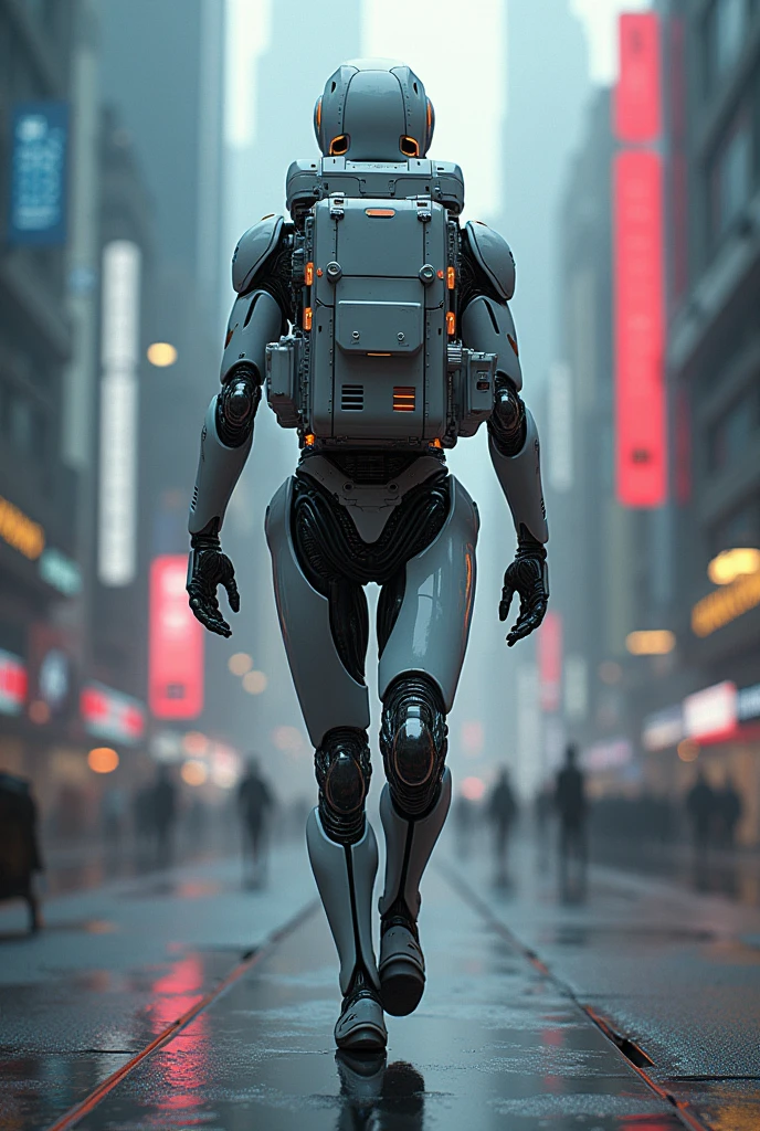Agile cybernetic humanoid body, Cyberpunk with a delivery boy backpack