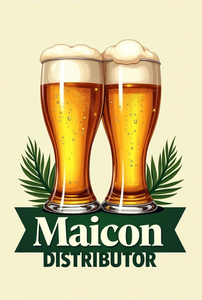 Create a logo for "Maicon Distributor" with two toasting beer glasses as the central element. Glasses should be detailed and shiny, with visible foam on top. Use a clean, modern style, with vibrant colors that evoke a sense of celebration and friendship, like shades of gold and green. the name "Maicon Distributor" must be in an elegant and readable font, prominently positioned below the cups. The logo must convey a sense of quality and trust, suitable for a distribution company.