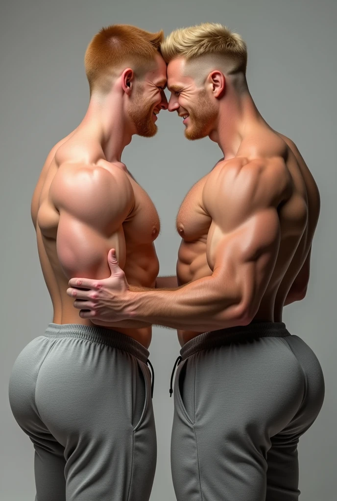 Two Males, rubbing their fat butts together, redhead, shirtless, fat ass, grey sweatpants, tight pants, muscular ass, huge butt, comically large butt, big butt, strong man booty, man, short hair, looking back at camera, smiling, big booty, rubbing ass, bubble butt, big man butt, male bubble butt, fat man ass, round butt, big butt, full butt, juicy butt, wide butt, fat butt cheeks, big buttcheeks, muscular legs, filled grey sweatpants, ginger hair, thick ass, thicc, thick butt, man with fat ass, male, man, athletic man, jock, jock with big butt, jockstrap, big bulge, rubbing butts, pushing their asses together, blonde, handsome, jawline, smirking, fit, strong,