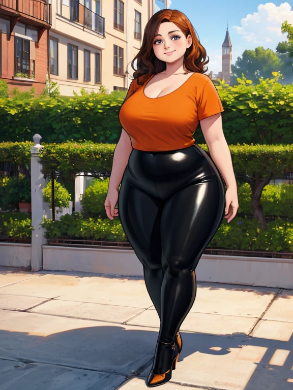 masterpiece, best quality, 1girl, portrait, 44 year old woman, shoulder-length brown hair with some curly, blue eyes, medium breasts, round face, fat face, fat, round belly, plump body, thick thighs, cleavage, ((Wearing: Orange V-neck shirt, Black shiny leggings and heels)), smile, standing, looking at viewer with a gleeful expression, holding a wine glass filled with yellow liquid, the woman's appearance must reflect on her charming personality. (Background: Outdoors, wooden balcony, sunny day)
