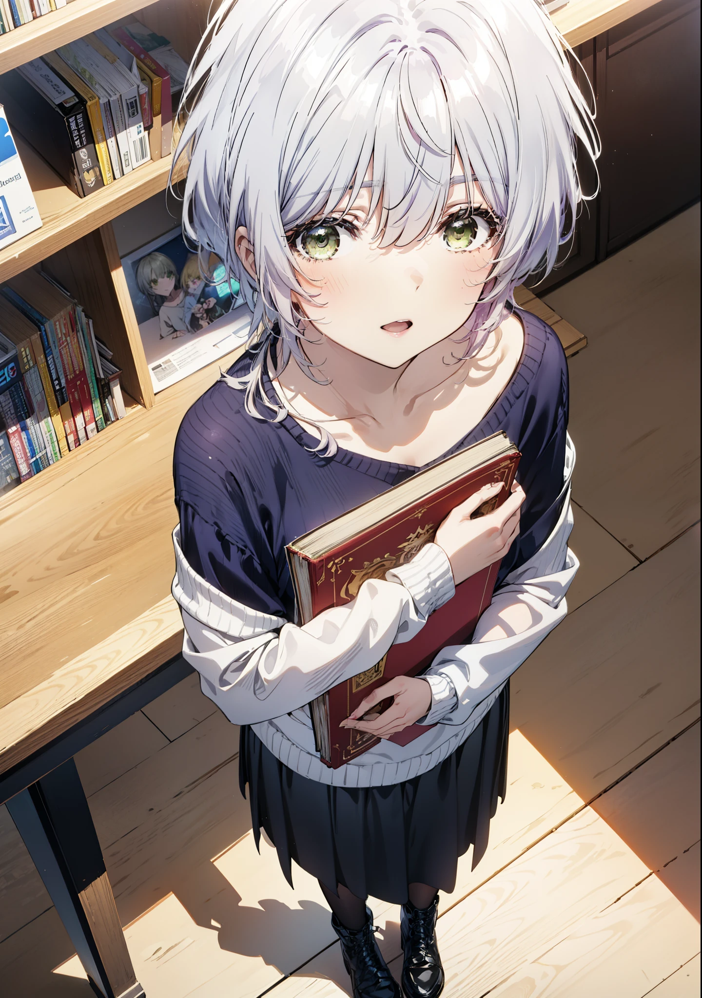 fuukakikuchi, fuuka kikuchi, short hair, bangs, Hair between the eyes, (Green Eyes:1.3),smile,Open your mouth,Grey Hair,One-shoulder sweater,Long skirt,Black pantyhose,short boots,Holding a book in both arms,Bookshelf,There are many books piled up on the table,whole bodyがイラストに入るように,
break indoors, figure書館,
break looking at viewer,whole body,
break (masterpiece:1.2), Highest quality, High resolution, unity 8k wallpaper, (figure:0.8), (Beautiful attention to detail:1.6), Highly detailed face, Perfect lighting, Highly detailed CG, (Perfect hands, Perfect Anatomy),