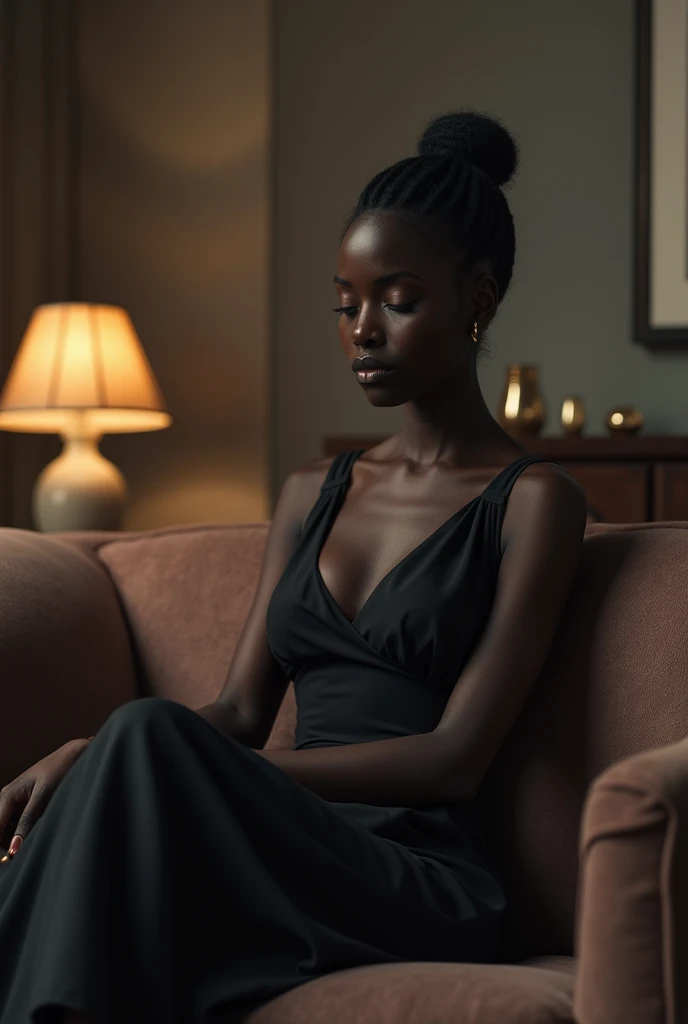 Beautiful black women feeling sad at home sitting on the sofa