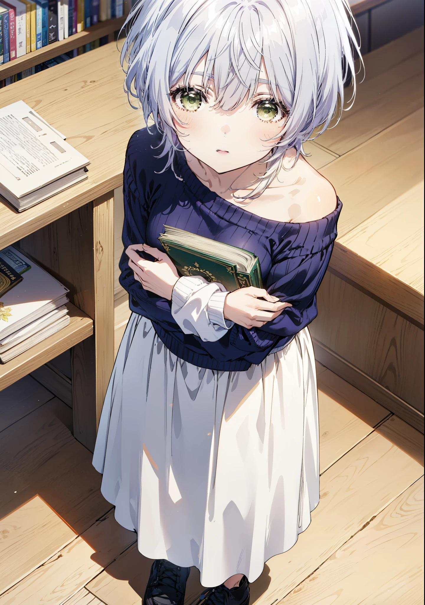 fuukakikuchi, fuuka kikuchi, short hair, bangs, Hair between the eyes, (Green Eyes:1.3),smile,Open your mouth,Grey Hair,One-shoulder sweater,Long skirt,Black pantyhose,short boots,Holding a book in both arms,Bookshelf,There are many books piled up on the table,whole bodyがイラストに入るように,
break indoors, figure書館,
break looking at viewer,whole body,
break (masterpiece:1.2), Highest quality, High resolution, unity 8k wallpaper, (figure:0.8), (Beautiful attention to detail:1.6), Highly detailed face, Perfect lighting, Highly detailed CG, (Perfect hands, Perfect Anatomy),