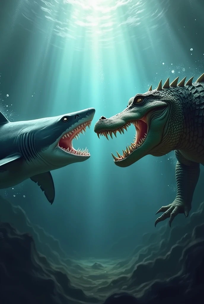 I want a picture of a shark and a crocodile looking at each other