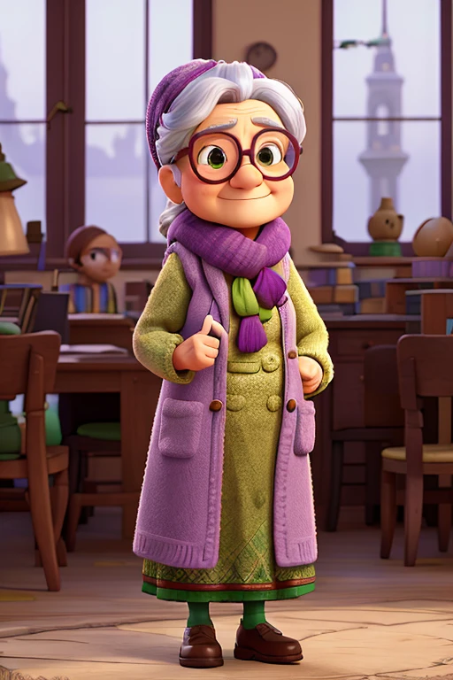 work of art, best qualityer, An old woman with glasses and a scarf, wearing a purple coat and green scarf, stopped not park, Pixar-style