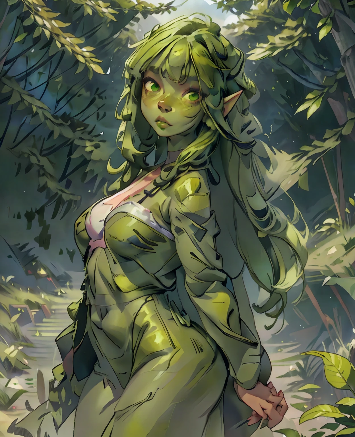 ((best quality)), ((masterpiece)), (detailed), 4k, green skin, pointy ears, goblin girl with multicolor hair, absurdres, soft skin, small breasts, in forest, wearing autumn leaf bra and leaf skirt, wood sprite, jewelry made of wood and leaves, small and feral, green hair with leaves, deep emerald eyes, autumn, playing in pile of fallen leaves